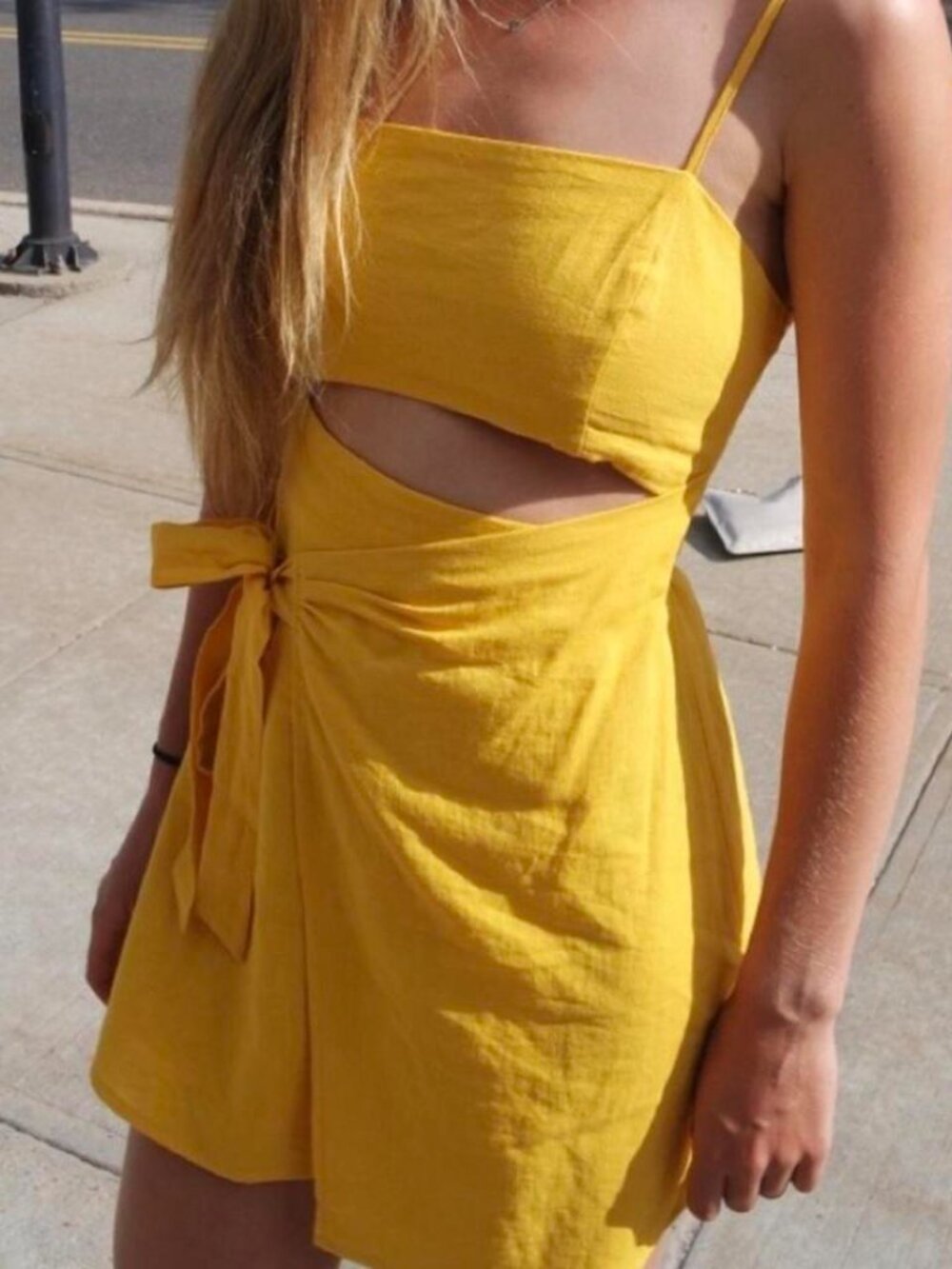 Forever 21 yellow mini dress with cutout and tie waist